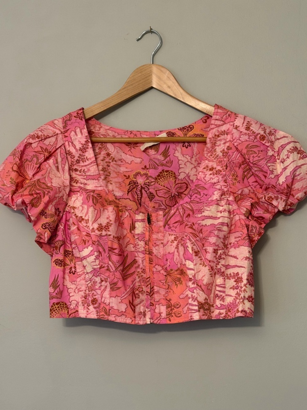 Ulla Johnson Kalena Puff Sleeve Crop Top – Pink Boho Cotton Zip Front